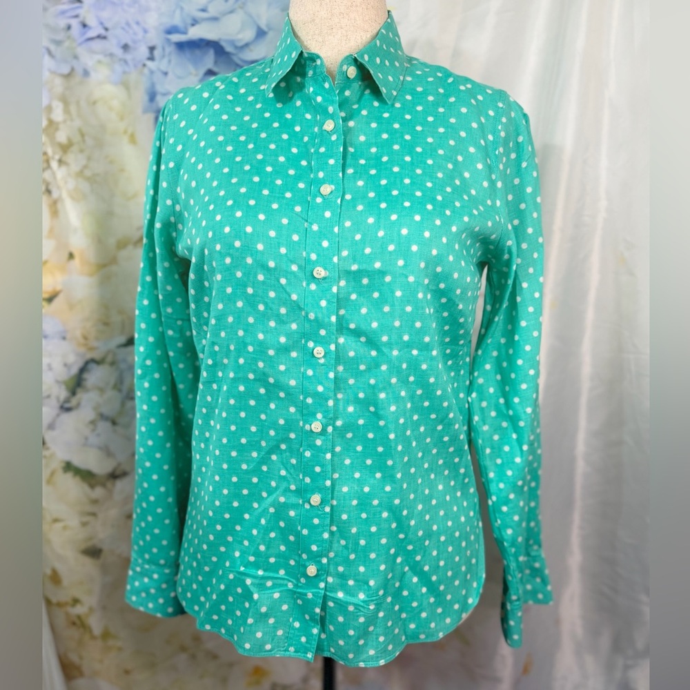 J. Crew Teal White Polka Dot Button Up Shirt Linen VTG beach coastal nautical